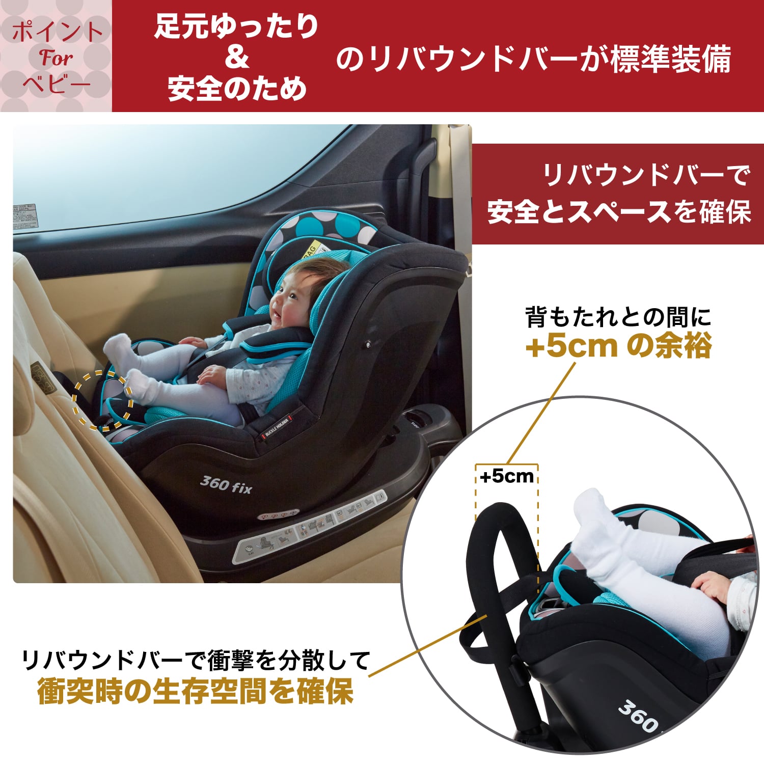 リバウンドバーで足元ゆったり&安全!チャイルドシート バンビーノ360Fix ISOFIX 日本育児