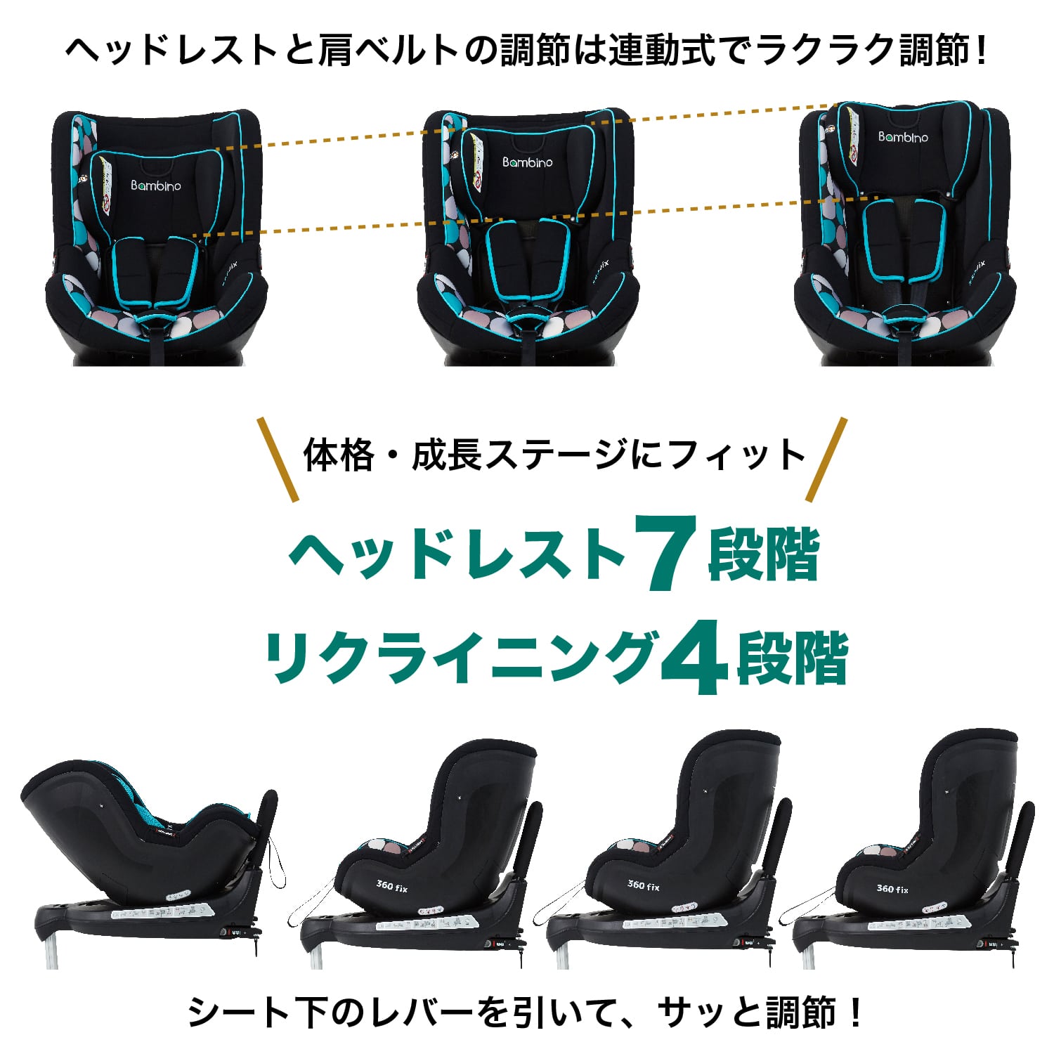 ヘッドレストと肩ベルトの高さ調節が連動式で細かな調節もらくらくなチャイルドシート バンビーノ360Fix