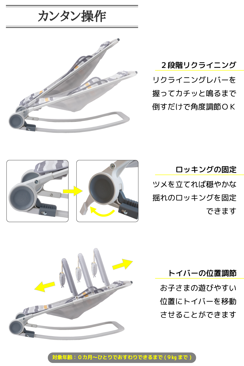 ロックアウト折りたたみバウンサー　カンタン操作　２段階リクライニング　ロッキング機能の固定　トイバーの位置調整