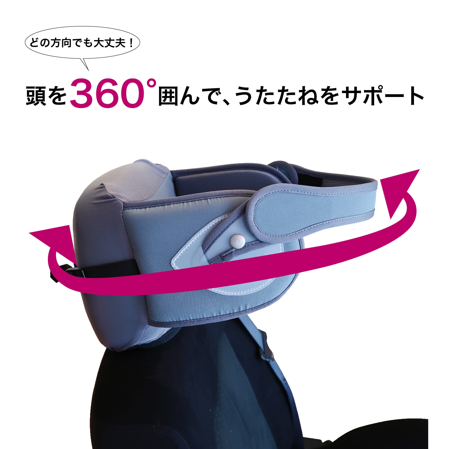 どの方向に倒れても大丈夫！360度頭をぐるっと囲みます。 NapUp RIDE うたたねサポート