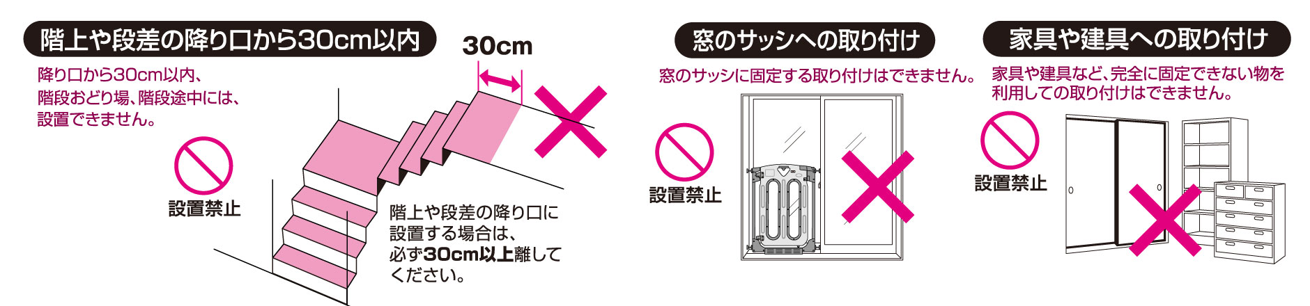 階上や段差の降り口から30cm以内、窓のサッシへの取り付け、家具や建具への取付け